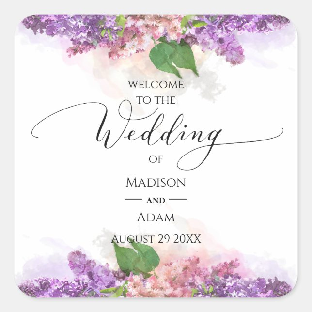 Purple and Pink Watercolor Lilac Flowers Wedding Square Sticker (Front)