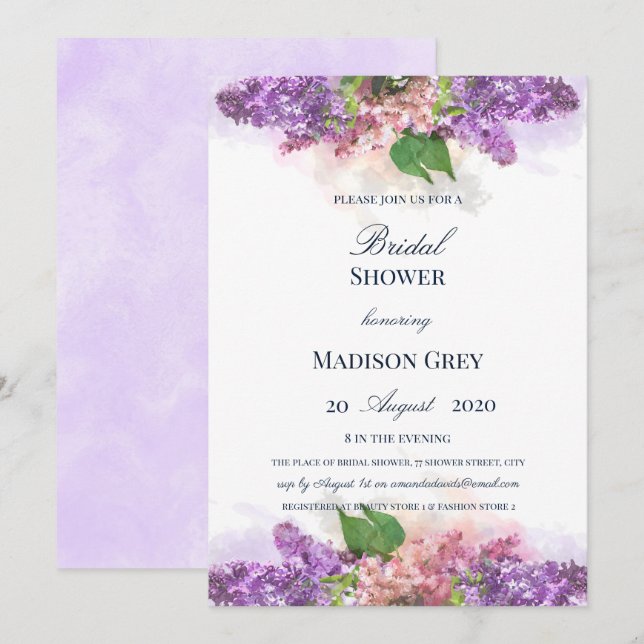 Purple and Pink Watercolor Lilacs Bridal Shower Invitation (Front/Back)