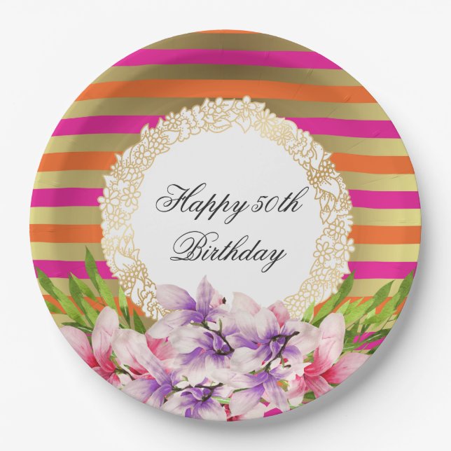 Purple and Pink Watercolor Magnolia Birthday Paper Plate (Front)