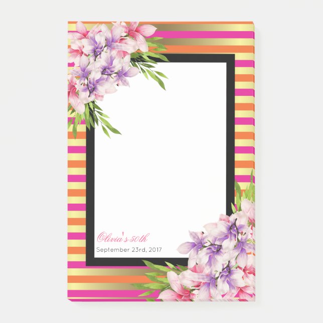 Purple and Pink Watercolor Magnolia Birthday Post-it Notes (Front)