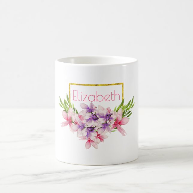 Purple and Pink Watercolor Magnolia Personalised Coffee Mug (Center)