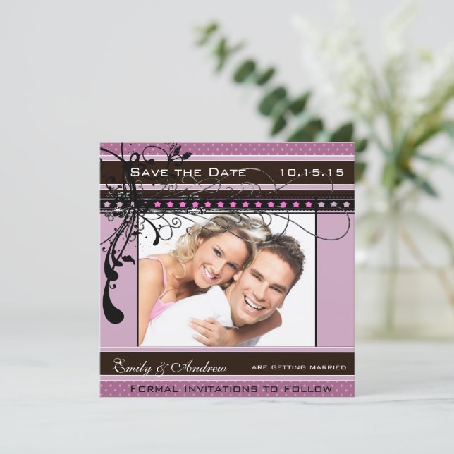 Purple and Pink Wedding Photo Save the Date Invitation (Standing Front)