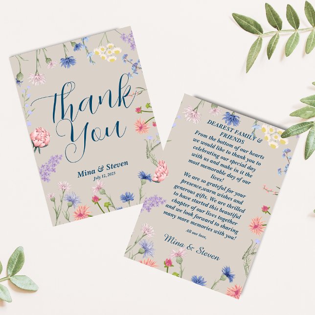 Purple and pink wildflowers frame wedding  thank you card (Creator Uploaded)