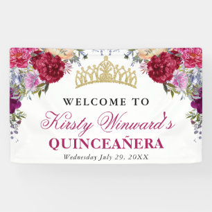 Purple and Red Flowers Quinceanera Banner