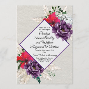Purple and Red Flowers with Pampas Grass Wedding Invitation
