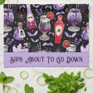 Purple and Red Halloween Cocktails and Potions Tea Towel