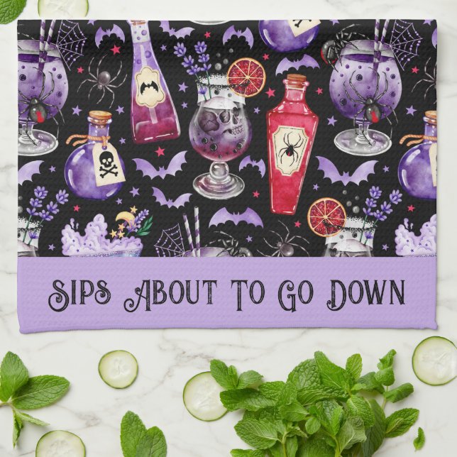 Purple and Red Halloween Cocktails and Potions Tea Towel (Folded)