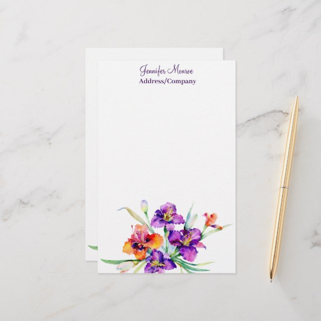 Purple and red Iris personalised Stationery (Front/Back In Situ)