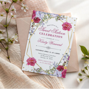 Purple and Red Summer Flowers Gold Frame Sweet 16 Invitation