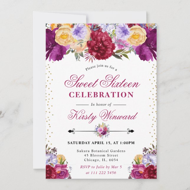Purple and Red Summer Flowers Sweet Sixteen Invitation (Front)