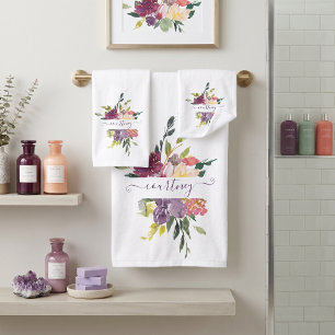 Purple and red watercolor floral personalised bath towel set