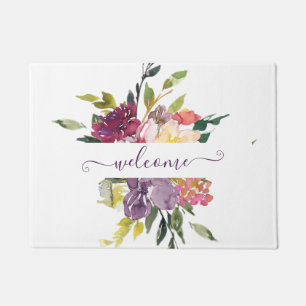 Purple and red watercolor floral personalised doormat