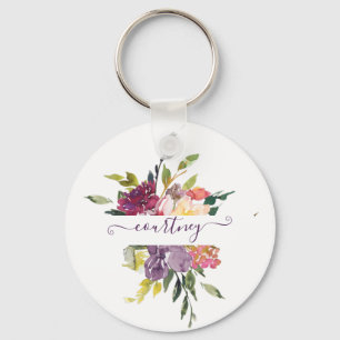 Purple and red watercolor floral personalised key ring
