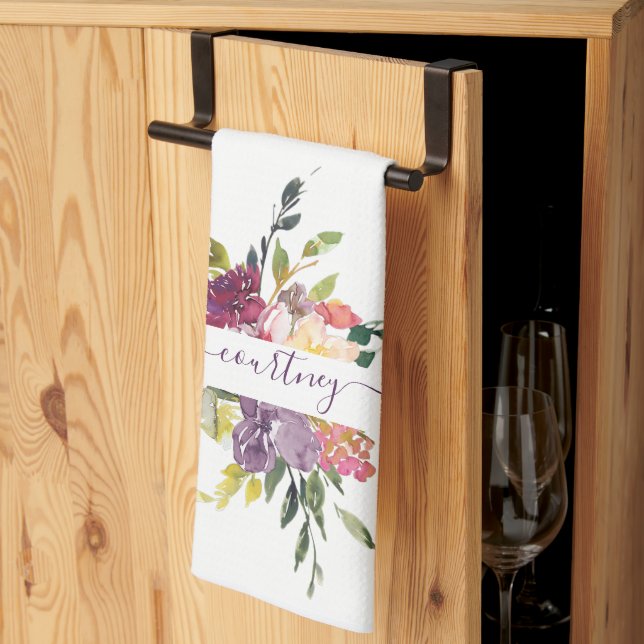 Purple and red watercolor floral personalised   tea towel (Thirds Fold)