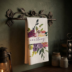 Purple and red watercolor floral personalised tea towel