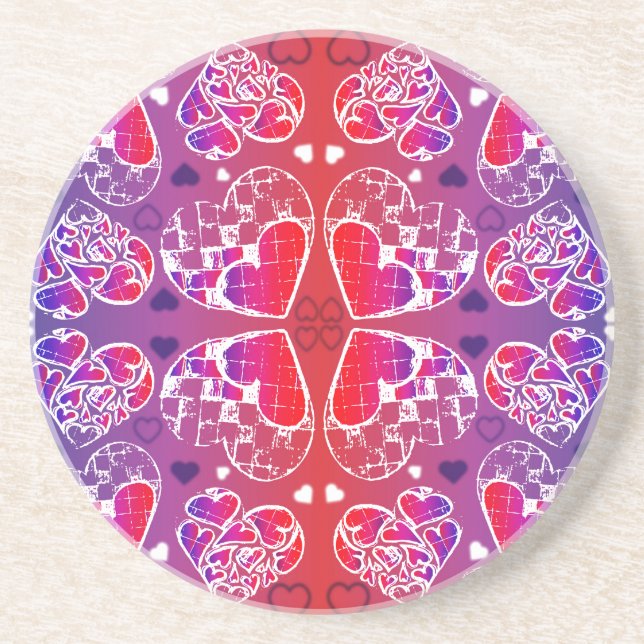 Purple and Red Whimsical Romantic Hearts pattern Coaster (Front)