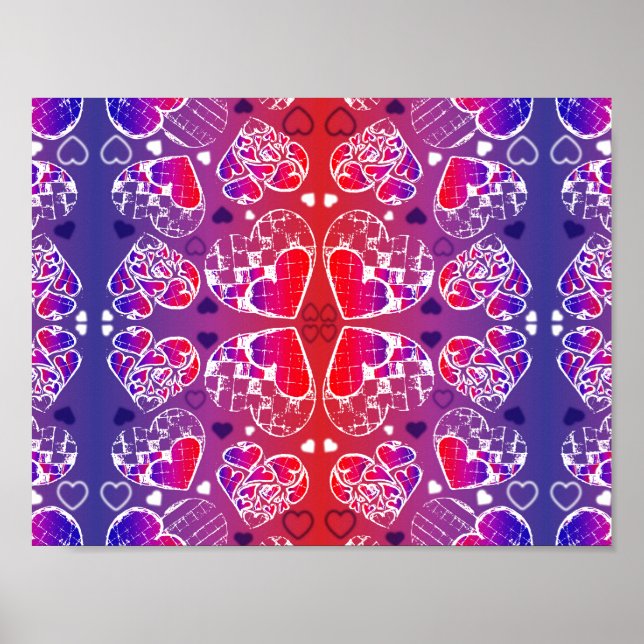 Purple and Red Whimsical Romantic Hearts pattern Poster (Front)