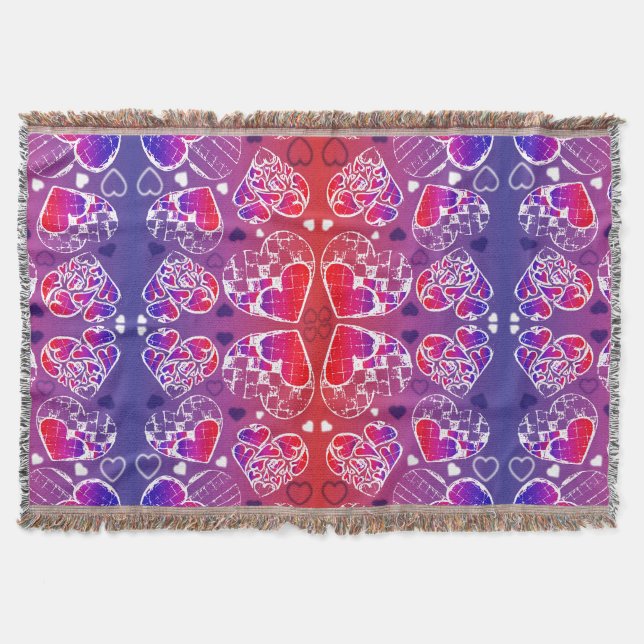 Purple and Red Whimsical Romantic Hearts pattern Throw Blanket (Front)