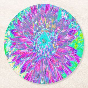 Purple and Robin's Egg Blue Decorative Dahlia Round Paper Coaster