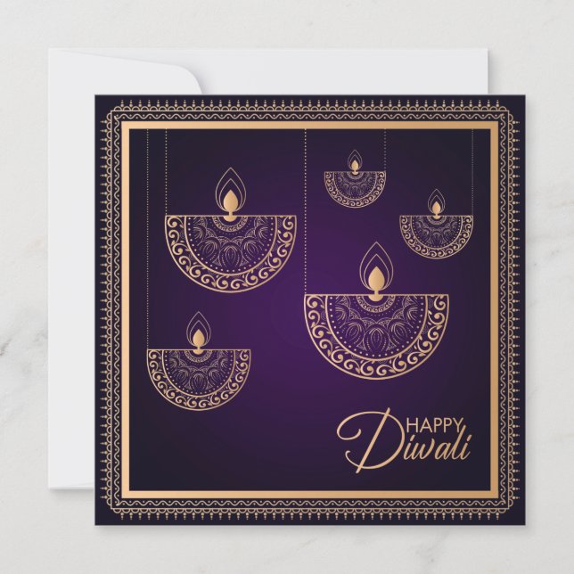 Purple and Rose gold ornament Happy Diwali  Card (Front)