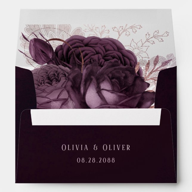 Purple and Rose Gold Peony Floral Wedding Envelope (Back (Bottom))