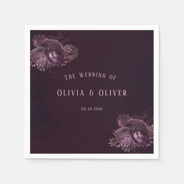 Purple and Rose Gold Peony Floral Wedding Napkin (Front)