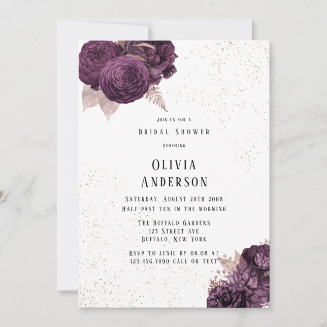 Purple and Rose Gold Peony Glitter Bridal Shower Invitation (Front)