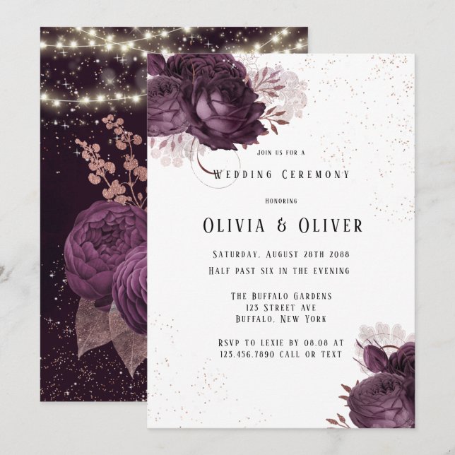 Purple and Rose Gold Peony Lights Glitter Wedding  Invitation (Front/Back)