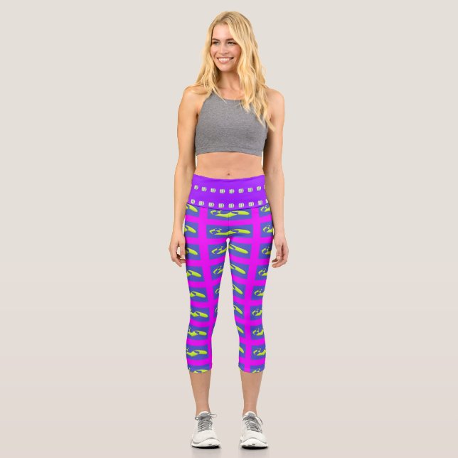 PURPLE AND ROYAL BLUE ART PATTERNED CAPRI LEGGINGS (Front)