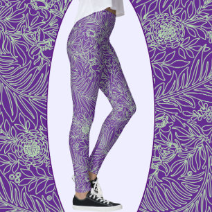 Purple and Sage Green Elegant Floral and Vines Leggings
