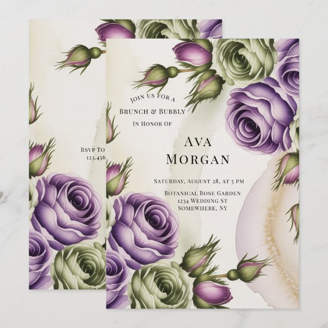 Purple and Sage Green Roses Brunch & Bubbly Invitation (Front/Back)