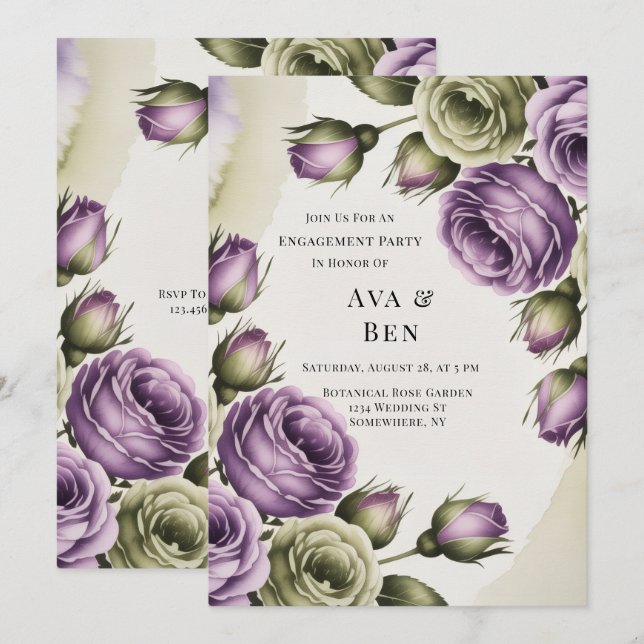 Purple and Sage Green Roses Engagement Party Invitation (Front/Back)