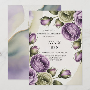 Purple and Sage Green Roses Painted Wedding Invitation