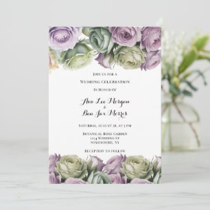 Purple and Sage Green Roses Painted Wedding Invitation