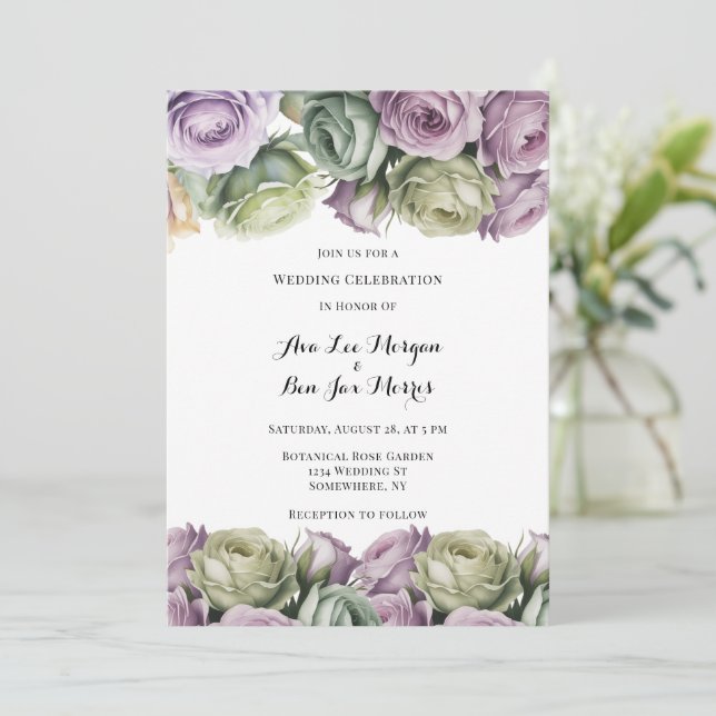 Purple and Sage Green Roses Painted Wedding Invitation (Standing Front)