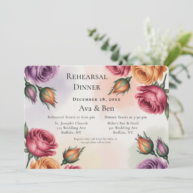 Purple and Sage Green Roses Rehearsal Dinner Invitation (Standing Front)