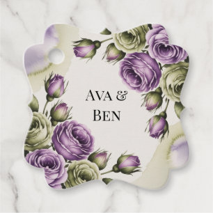 Purple and Sage Green Roses Watercolor Wedding Favour Tags