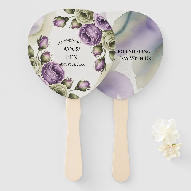Purple and Sage Green Roses Watercolor Wedding Hand Fan (Front and Back)