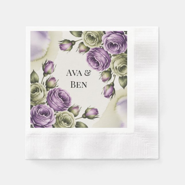 Purple and Sage Green Roses Watercolor Wedding Napkin (Front)