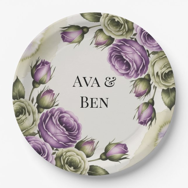Purple and Sage Green Roses Watercolor Wedding Paper Plate (Front)