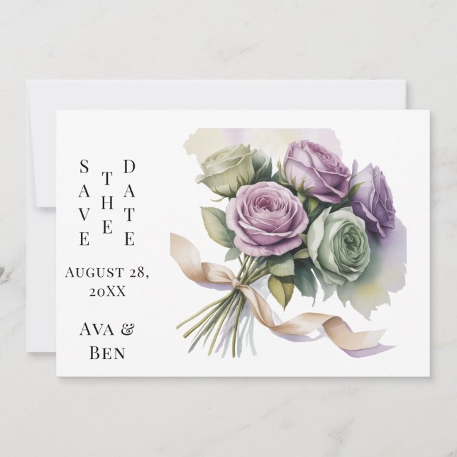 Purple and Sage Green Wedding Save The Date Cards (Front)