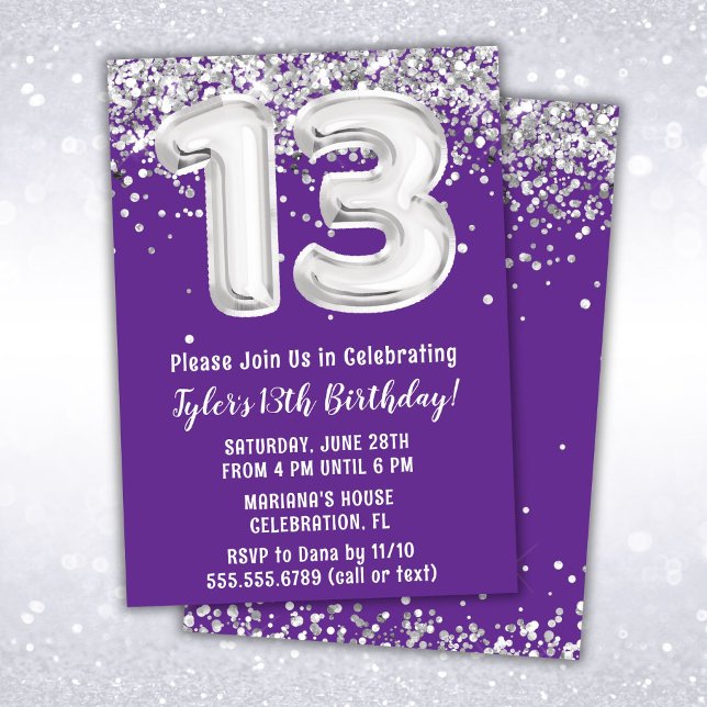 Purple and Silver 13th Birthday Invitation (Creator Uploaded)