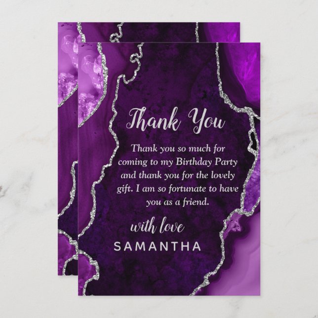 Purple and Silver Agate Birthday Party Thank You Card (Front/Back)