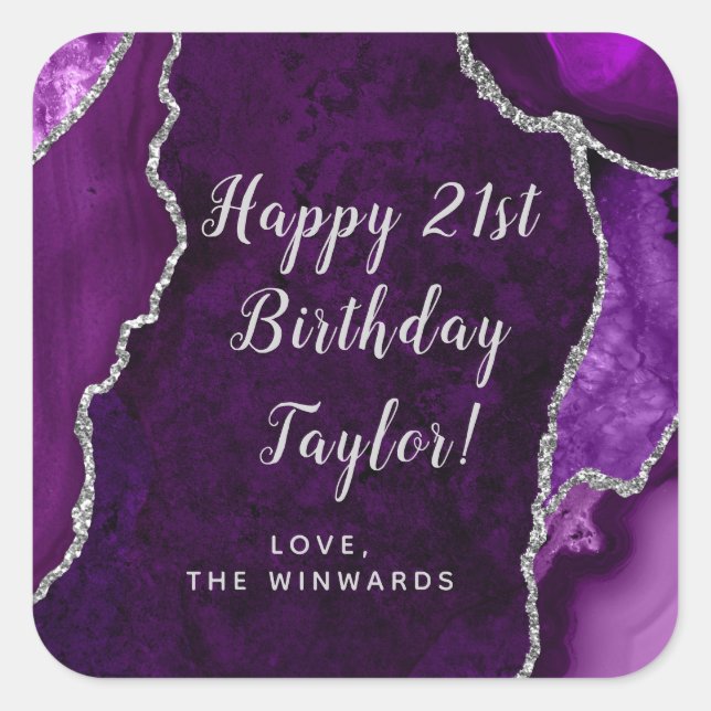 Purple and Silver Agate Happy Birthday Square Sticker (Front)