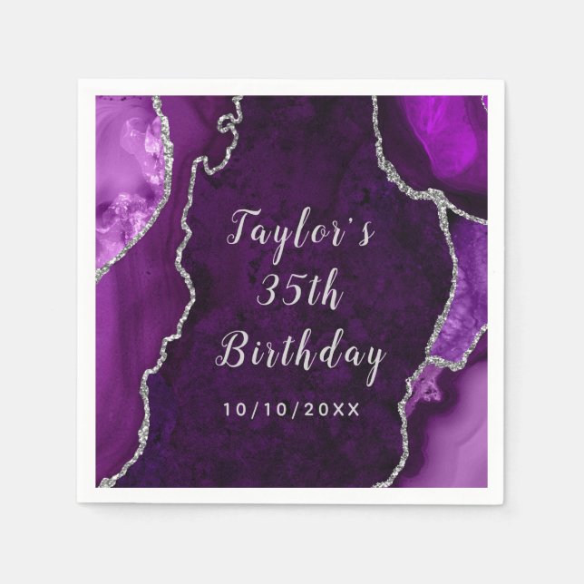 Purple and Silver Agate Marble Birthday Napkin (Front)