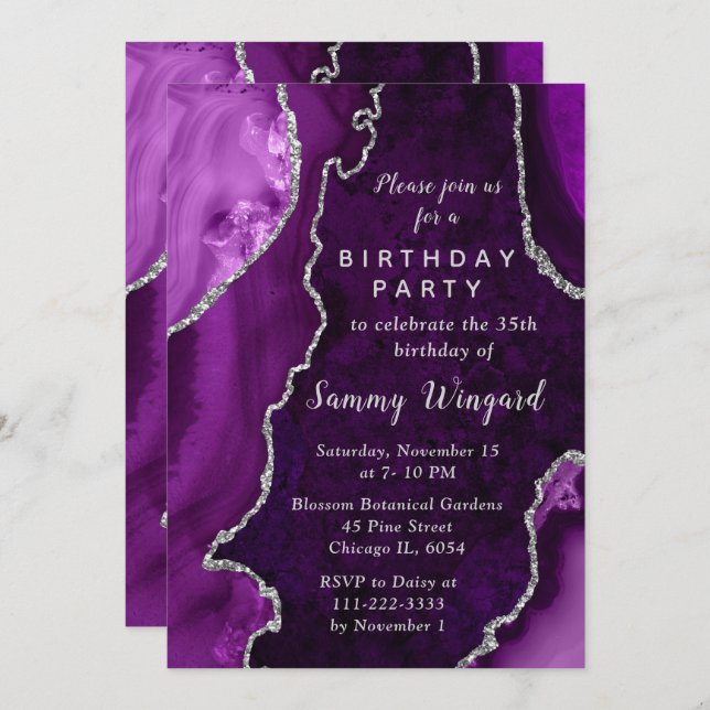 Purple and Silver Agate Marble Birthday Party Invitation (Front/Back)