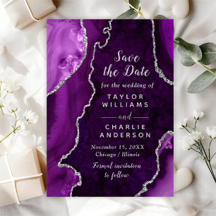 Purple and Silver Agate Marble Save The Date Invitation