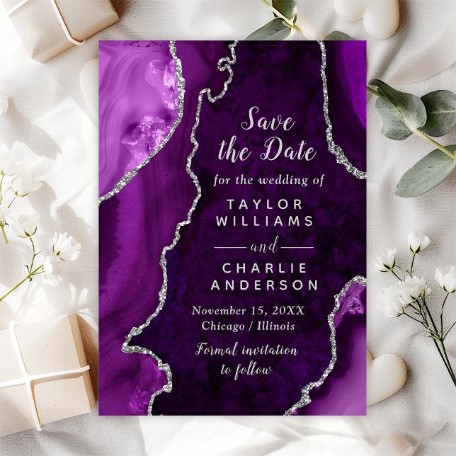 Purple and Silver Agate Marble Save The Date Invitation (Creator Uploaded)