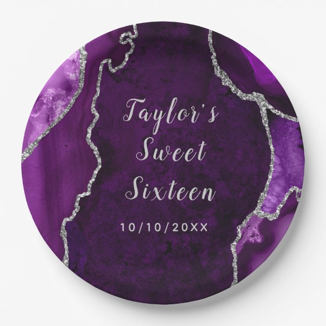 Purple and Silver Agate Marble Sweet Sixteen Paper Plate (Front)