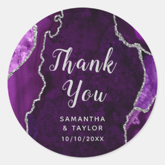 Purple and Silver Agate Marble Thank You Wedding Classic Round Sticker